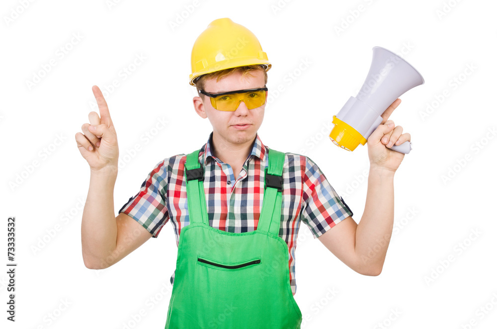 Funny construction worker with loudspeaker on white Funny construction worker with loudspeaker on white