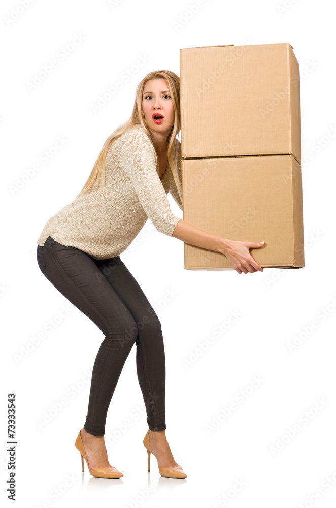 Woman with boxes relocating to new house isolated on white Woman with boxes relocating to new house isolated on white