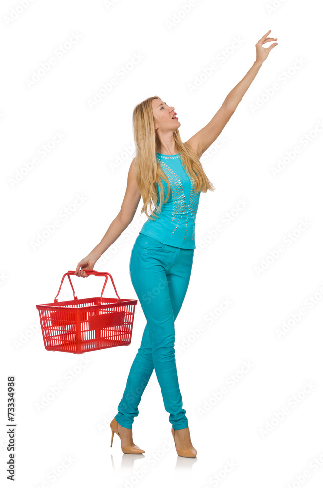 Woman with shopping basket isolated on white