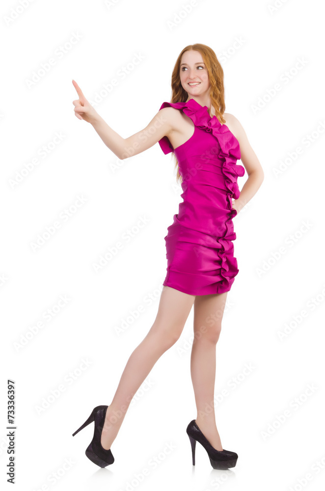 Woman pressing virtual button isolated on white Woman pressing virtual button isolated on white