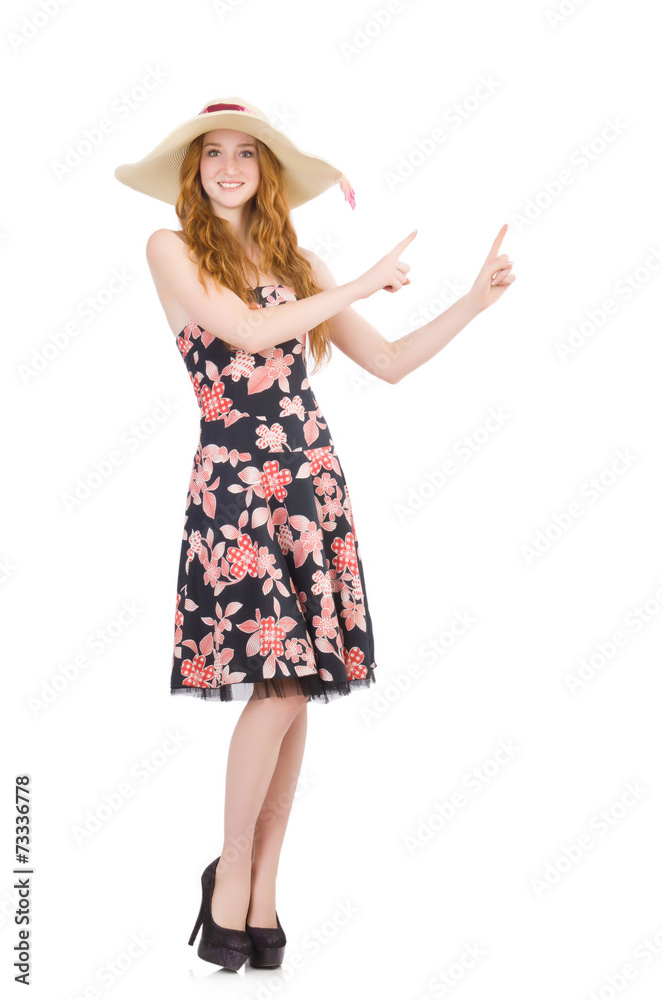 Woman pressing virtual button isolated on white Woman pressing virtual button isolated on white