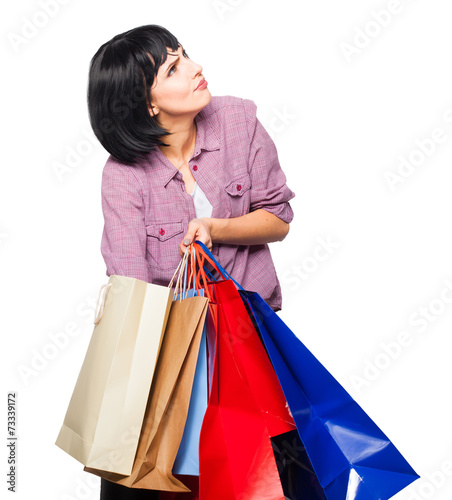 young brunette woman with shopping bags