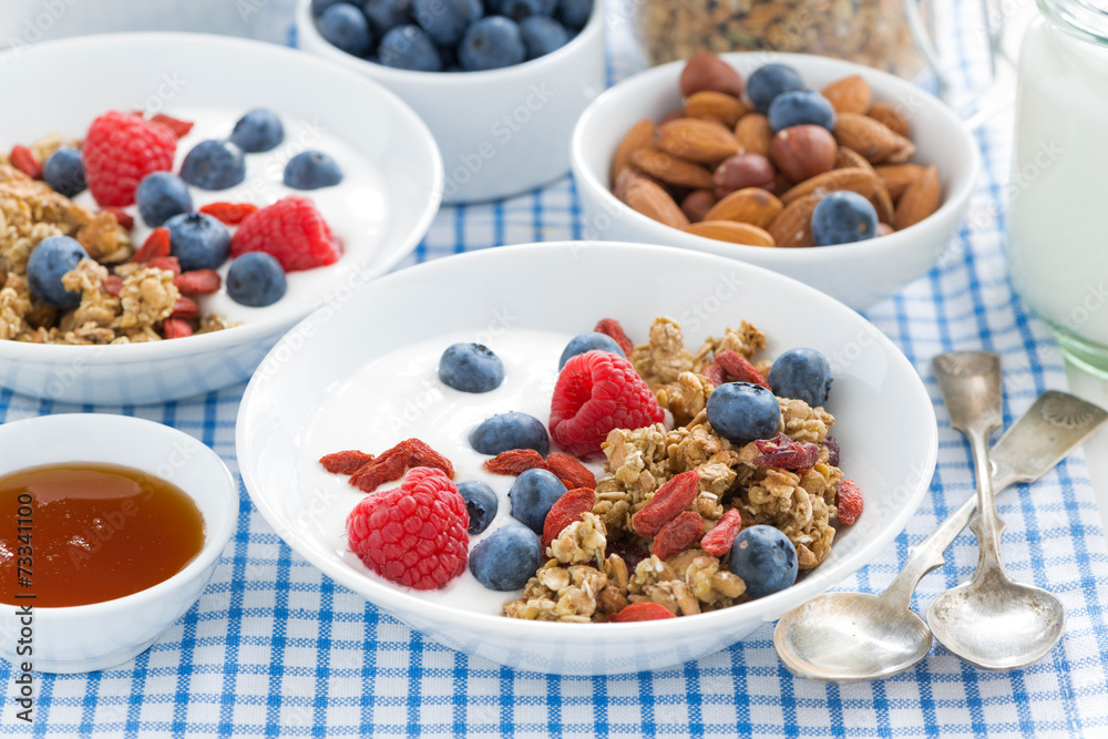 delicious breakfast with granola, berries and yogurt delicious breakfast with granola, berries and yogurt