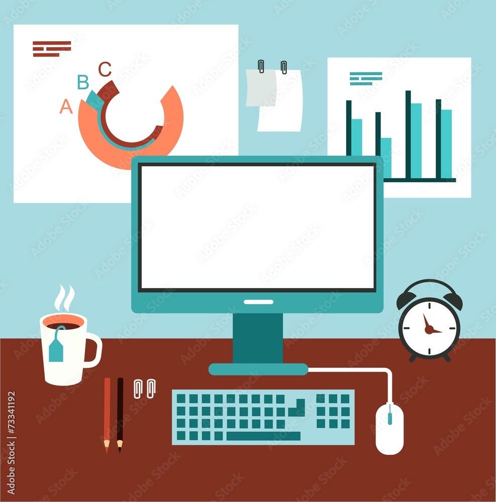 office desk with computer and graphics illustration Stock Vector ...