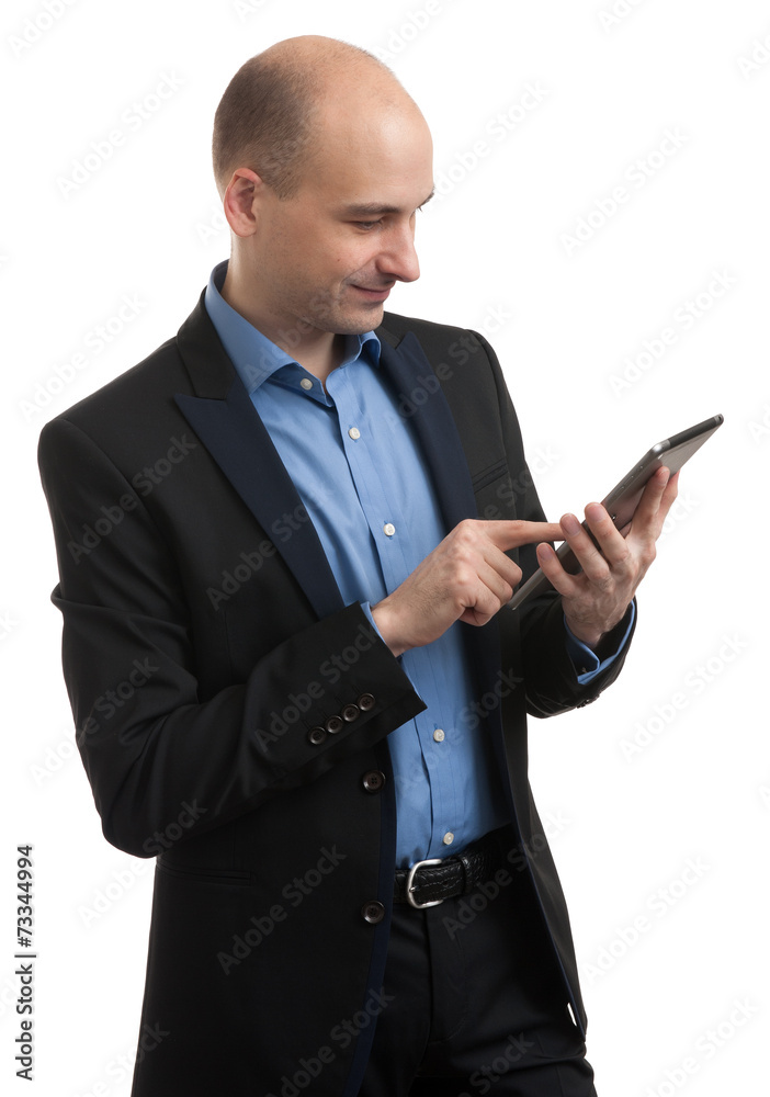 bald man with digital tablet bald man with digital tablet