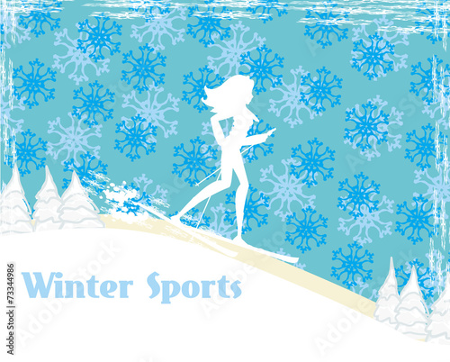 slim girl skiing , abstract card