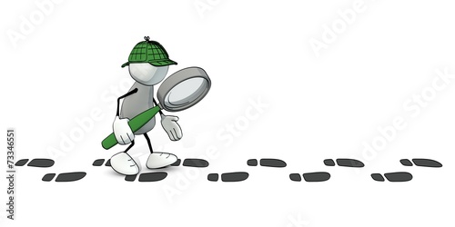 little sketchy man as detective following a track of footprints