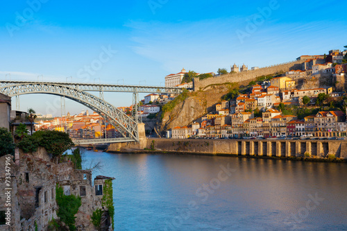 Bridge through River Douro in city of Porto, Portugal