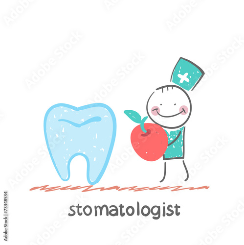 stomatologist    with apple standing near a large tooth