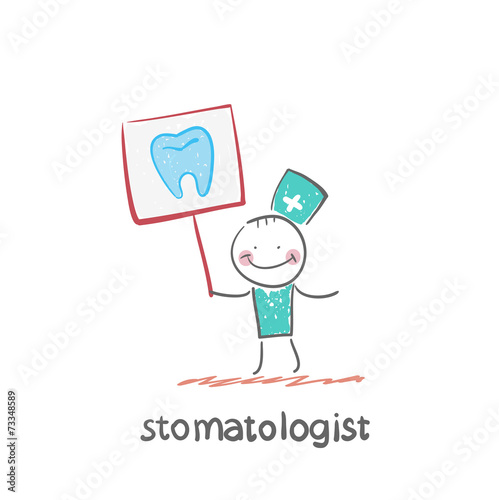 stomatologist with a placard on which painted a tooth