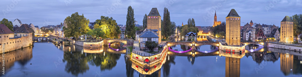 Evening panorama of Pont Couverts in Strasbourg, France - obrazy, fototapety, plakaty 