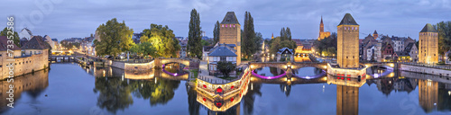 Evening panorama of Pont Couverts in Strasbourg, France