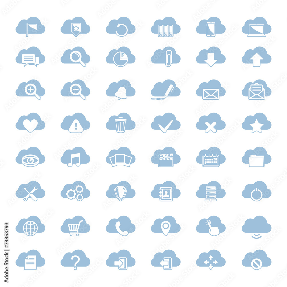 Big vector set of forty-six blue cloud shapes with white icon Big vector set of forty-six blue cloud shapes with white icon