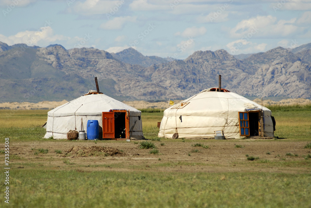 Two yurts in steppe, Elsen Tasarhai valley, Mongolia.