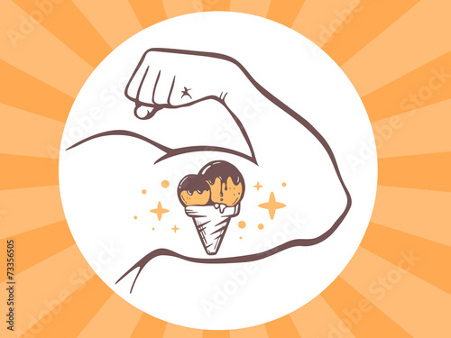 Vector illustration of strong man hand with ice cream icon on br