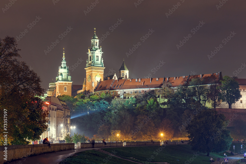 Night view of Royal Wawel castle in Krakow, Poland