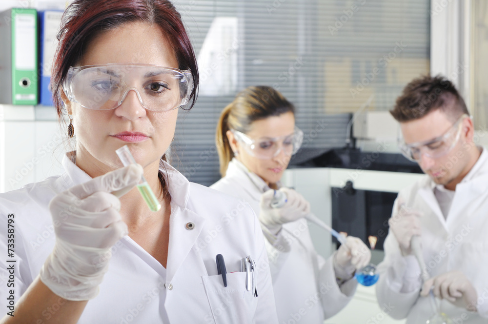 Attractive young PhD students scientists observing in the labora Attractive young PhD students scientists observing in the labora