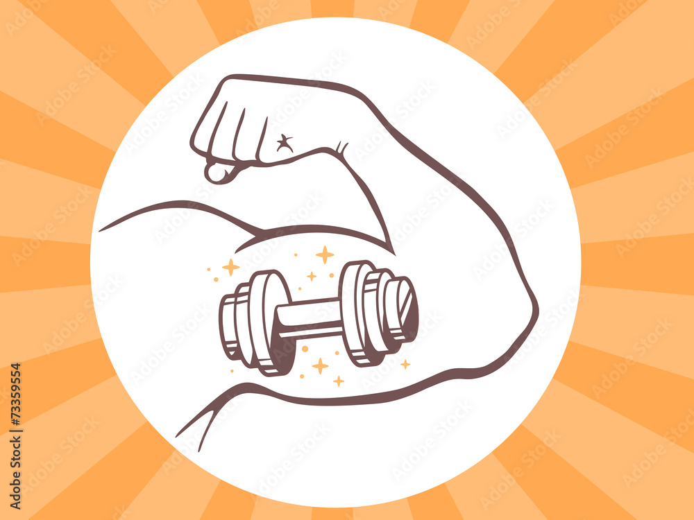 Vector illustration of strong man hand with icon of dumbbell on Vector illustration of strong man hand with icon of dumbbell on