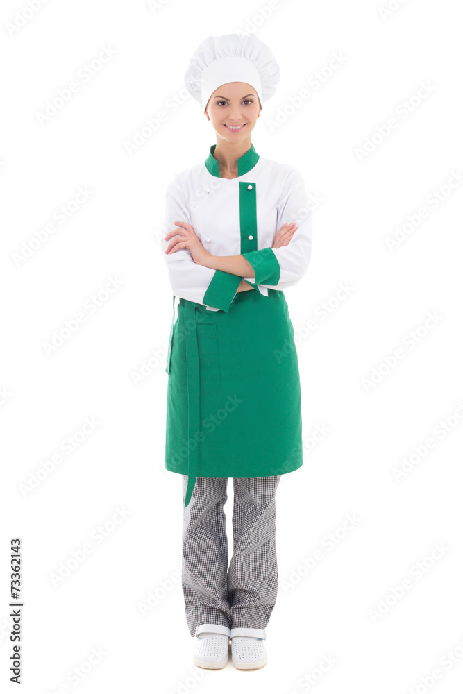 happy woman in chef uniform - full length isolated on white happy woman in chef uniform - full length isolated on white