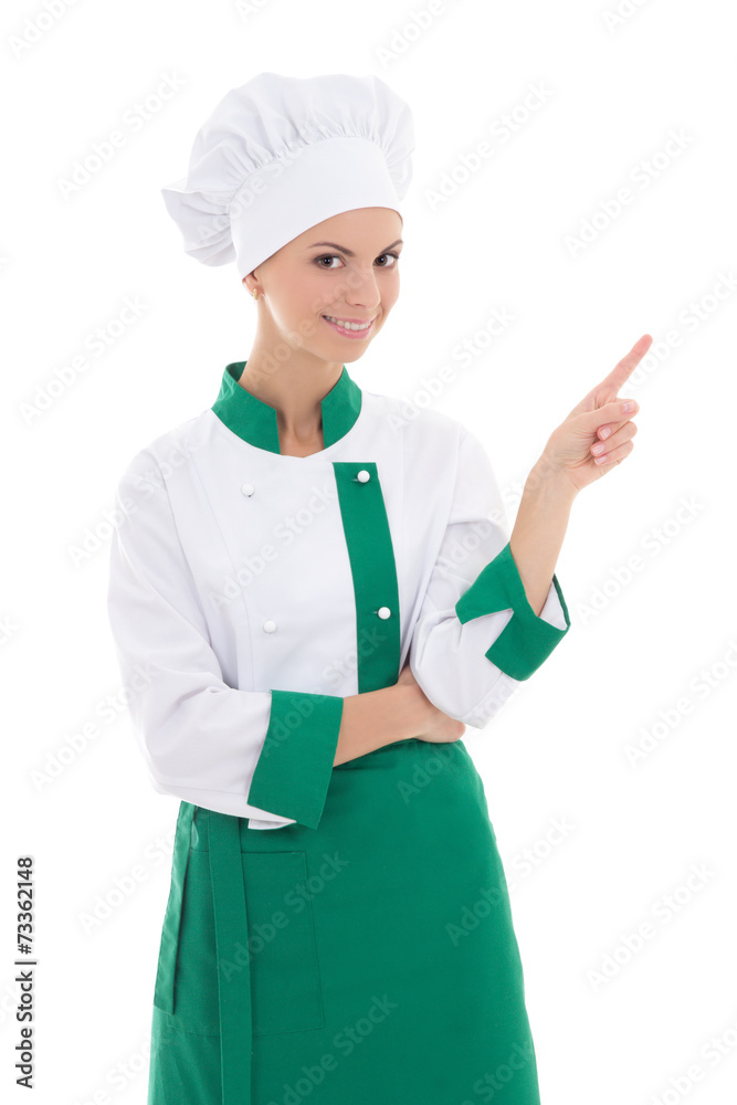young attractive chef woman showing or presenting something isol young attractive chef woman showing or presenting something isol