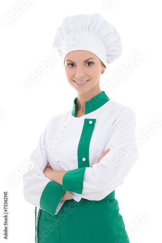 young happy chef woman in uniform isolated on white