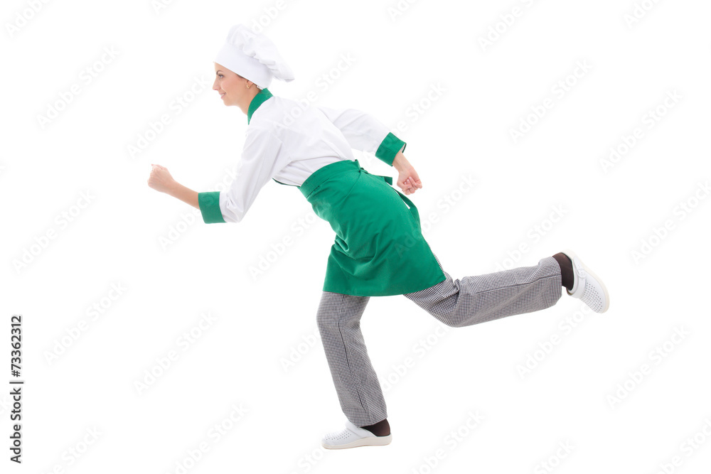 fast food concept - happy woman in chef uniform running isolated