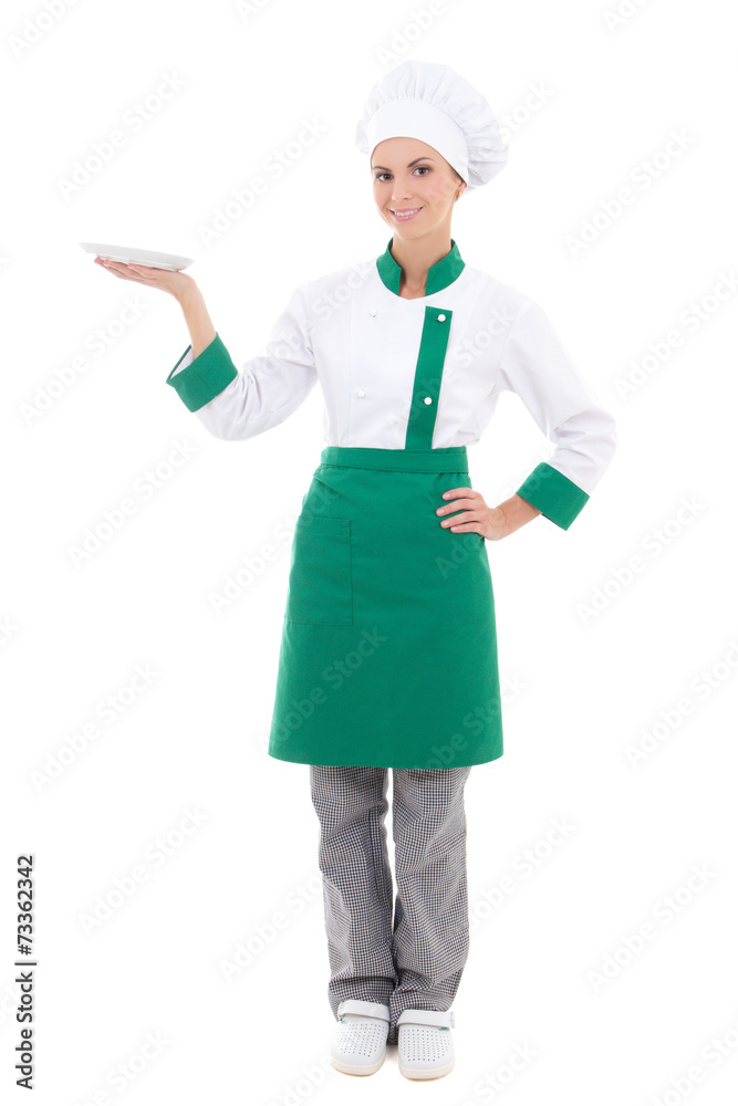 young attractive woman in chef uniform with empty plate - full l young attractive woman in chef uniform with empty plate - full l