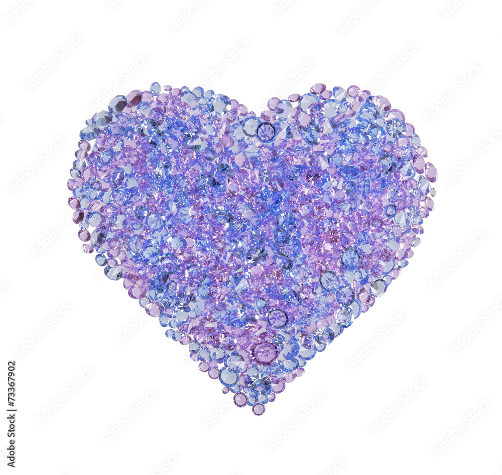 Blue heart made of precious stones on white background
