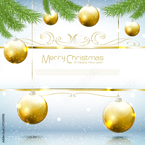 Gold Christmas background with balls and needles