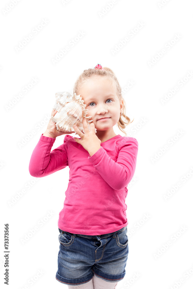 Little girl hold shell isolated on white Little girl hold shell isolated on white