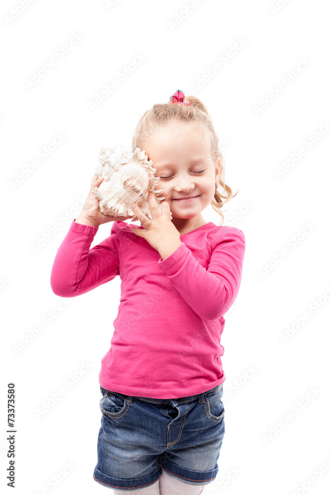 Little girl hold shell isolated on white Little girl hold shell isolated on white