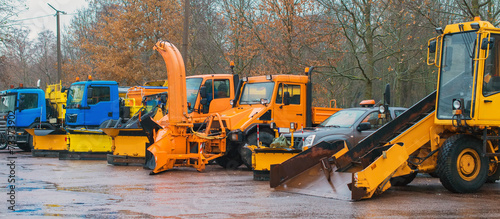 Vászonkép Road services are ready for winter. Winter service vehicles.
