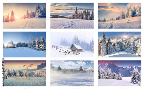 Winter collage with 9 different Christmas landscapes.