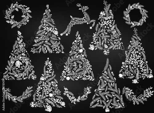 Chalkboard Style Floral or Botanical Christmas Trees, Wreaths, B
