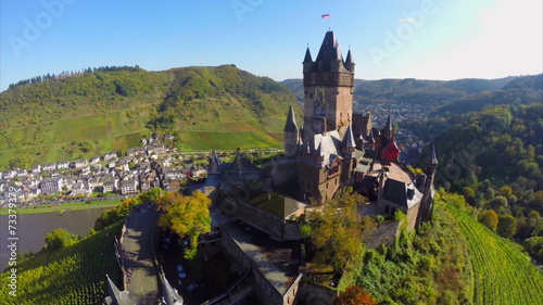 Beautiful castle vine hills river, German Cochem village aerial
