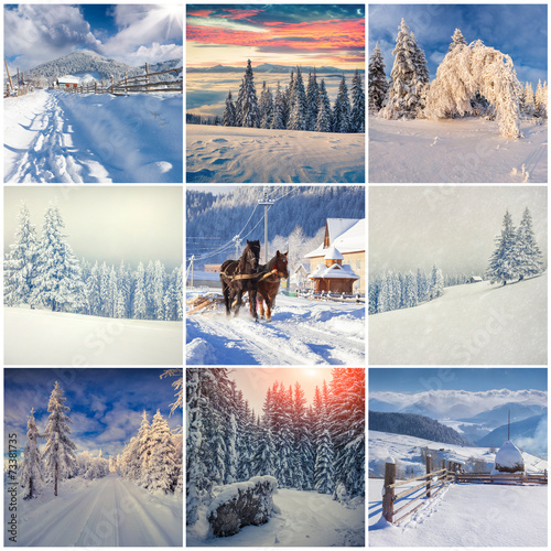 Winter collage with 9 square Christmas landscapes.