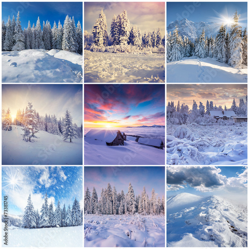 Winter collage with 9 square Christmas landscapes.