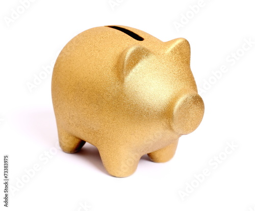 Golden piggy bank from front side right photo