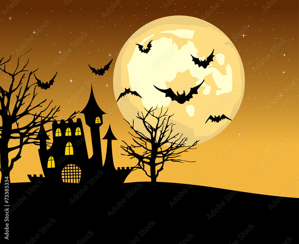Halloween castle and bats on full moon background