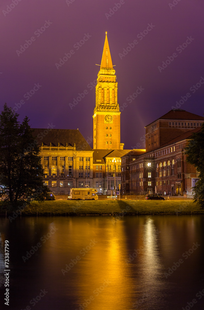 Night view of Kiel city hall, Germany