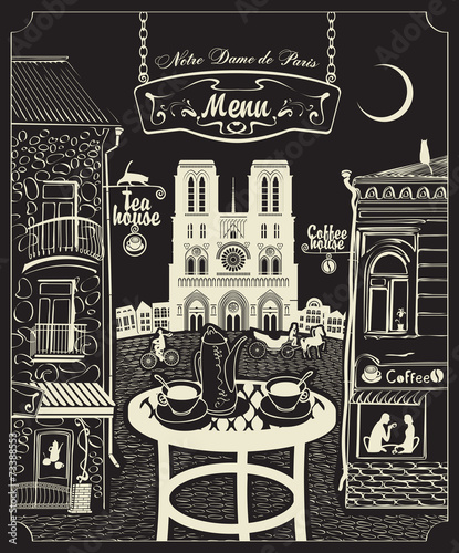 Cover for a menu with Parisian cafes and Notre Dame de Paris