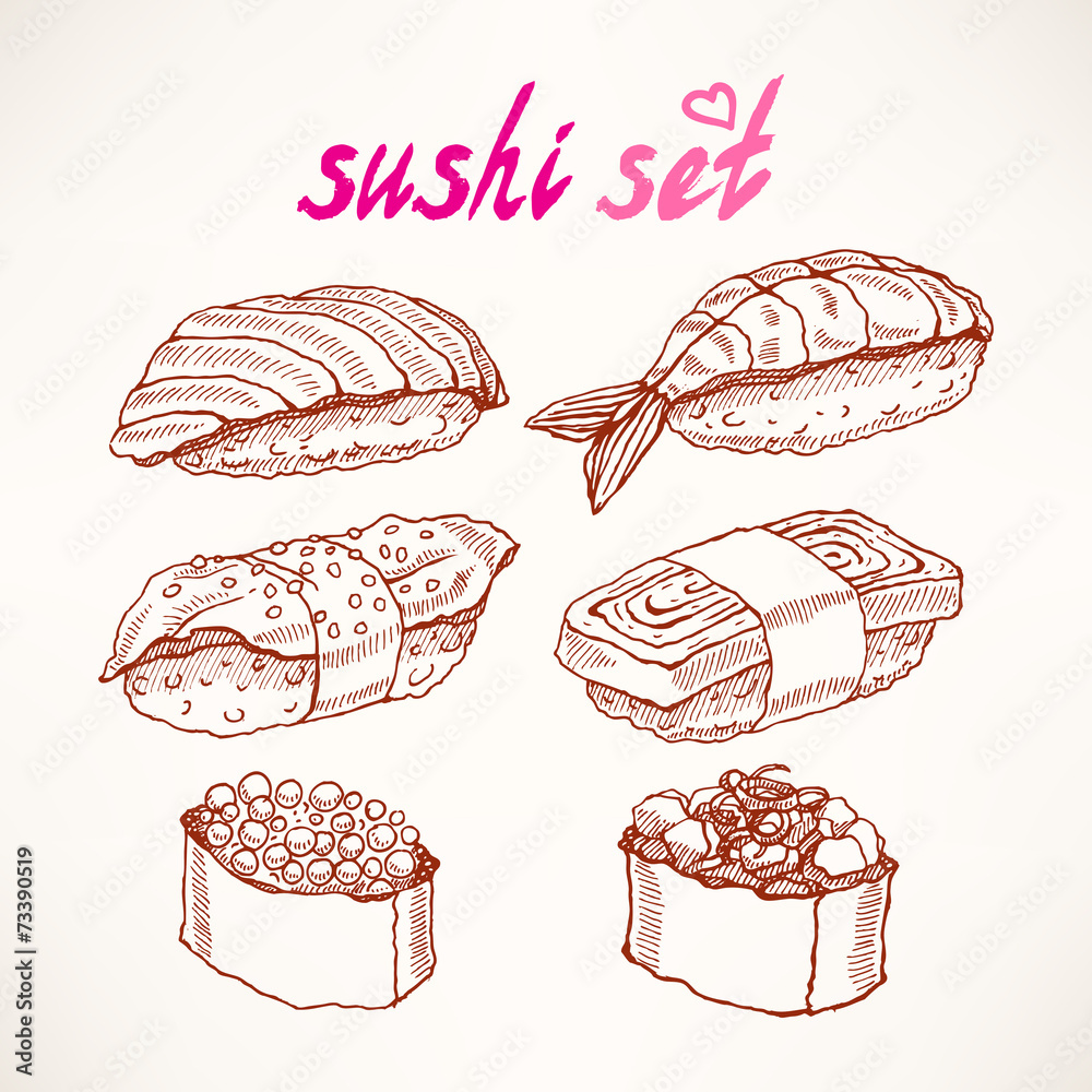 six different kinds of sketch sushi