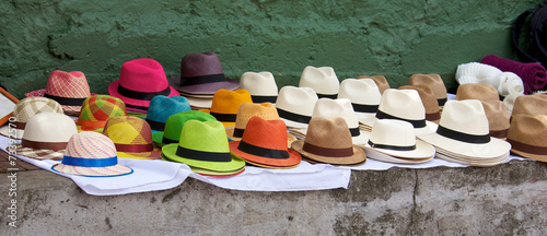 Panama hats set out for sale at an open air market in Bogota Col