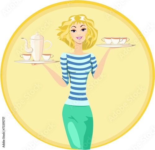 Waitress Carrying a Tray with Cups of Coffee and Tea, Vector