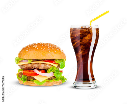 Cola and Big hamburger on white background
