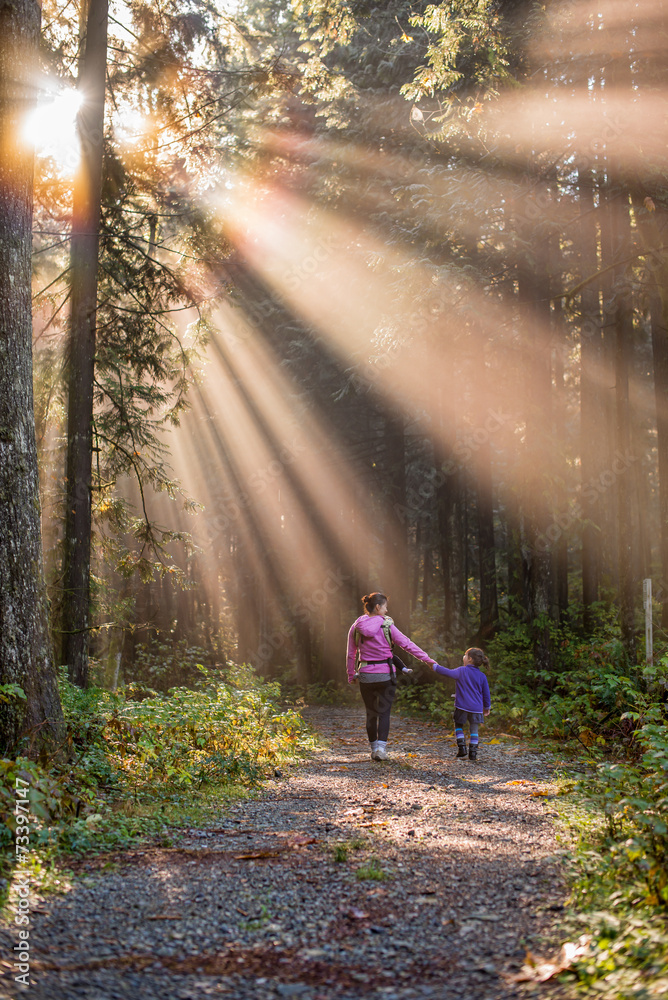 Obraz premium Mother and Daughter Walking in a Forest
