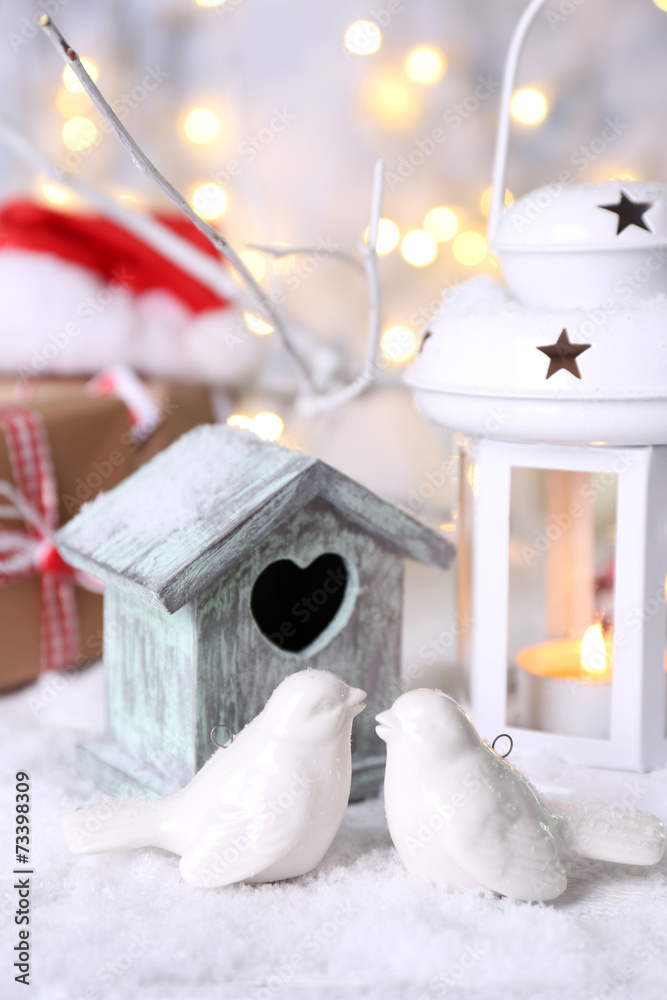 Fototapeta premium Beautiful Christmas composition with small bird house