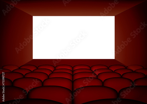 Cinema screen, red curtain and seats