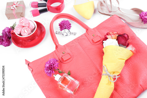 Women bag stuff top view isolated on white