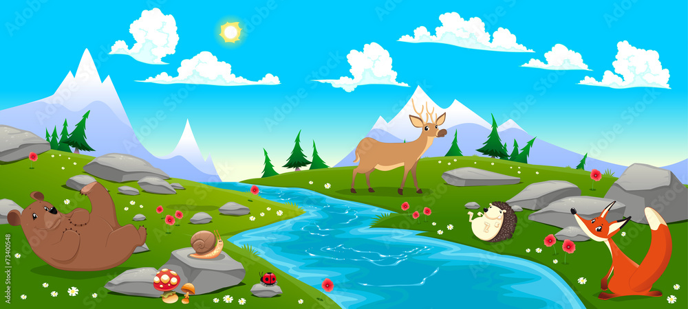 Obraz premium Mountain landscape with river and animals